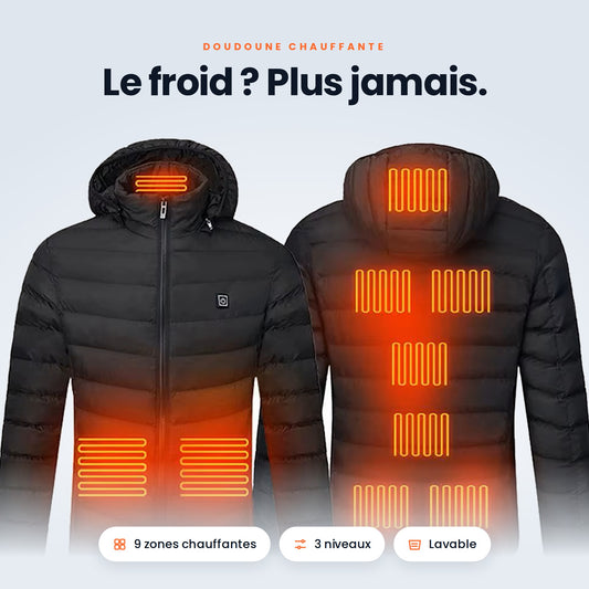 Doudoune chauffante VALNOR noire à capuche, vue avant et arrière, 9 zones chauffantes