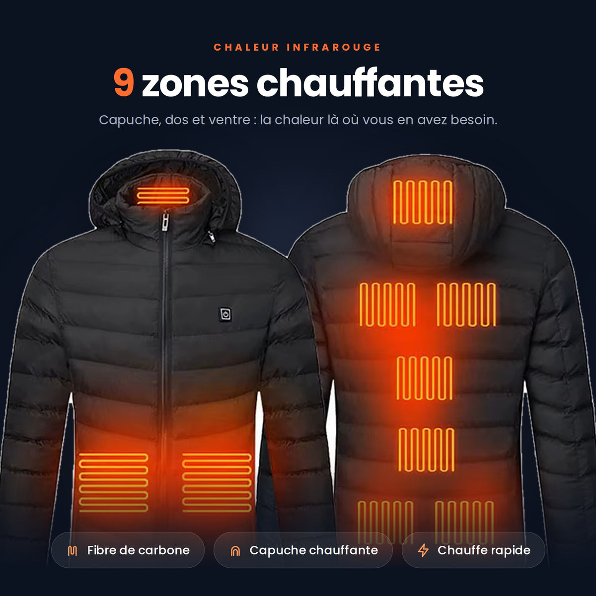 Doudoune chauffante 9 zones : capuche, dos et ventre