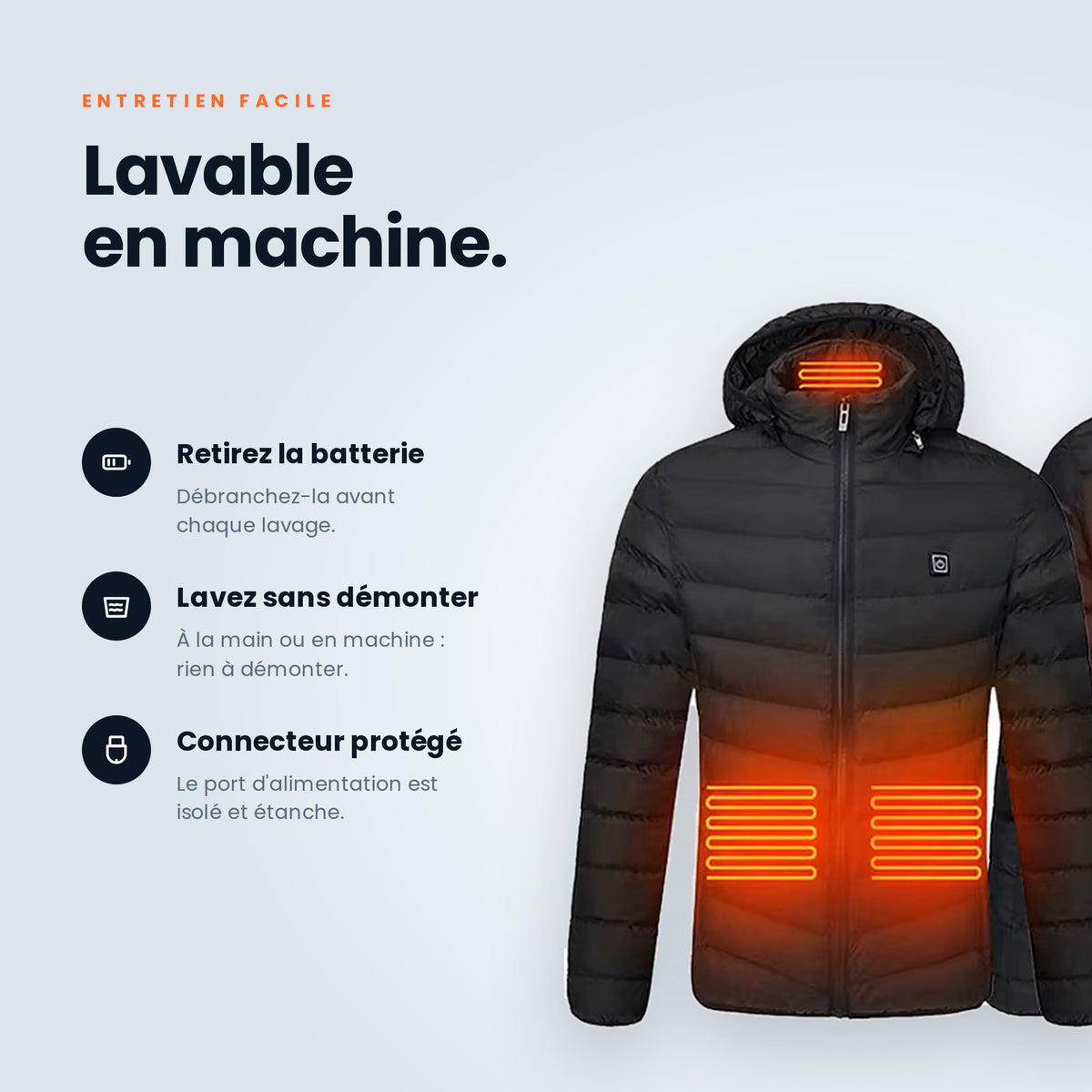 Doudoune chauffante VALNOR lavable en machine, batterie retirée