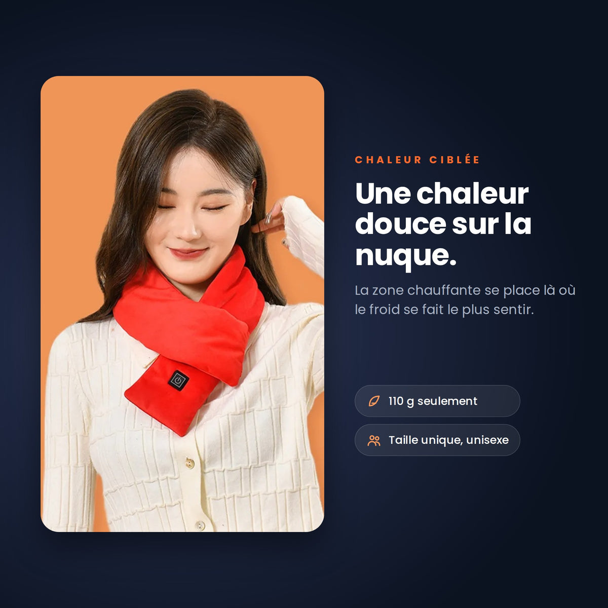 Femme portant l'écharpe chauffante rouge autour du cou