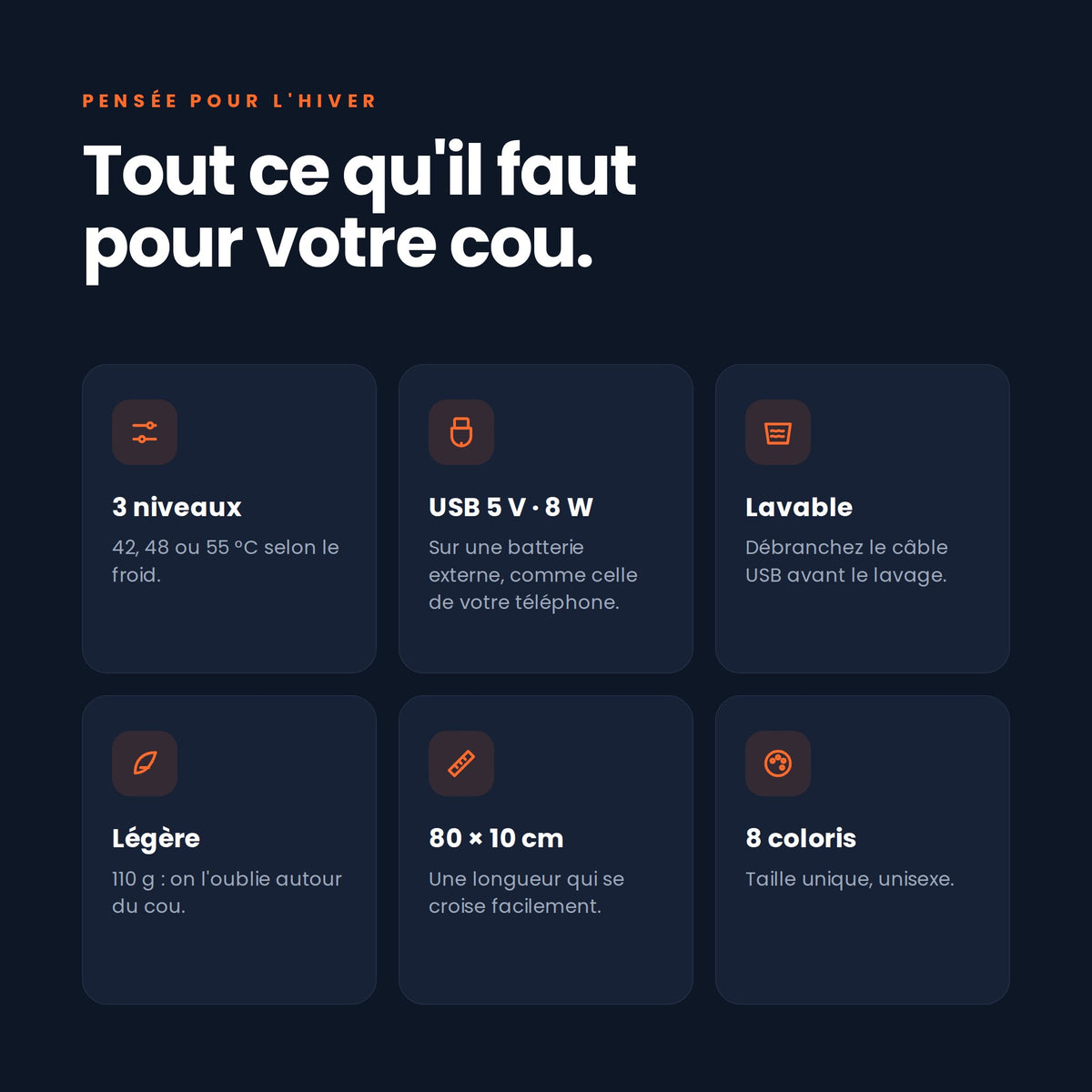 Caractéristiques de l'écharpe chauffante : USB 5 V 8 W, lavable, 110 g, 80 × 10 cm