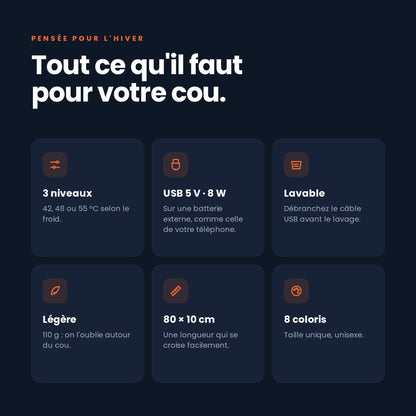 Caractéristiques de l'écharpe chauffante : USB 5 V 8 W, lavable, 110 g, 80 × 10 cm