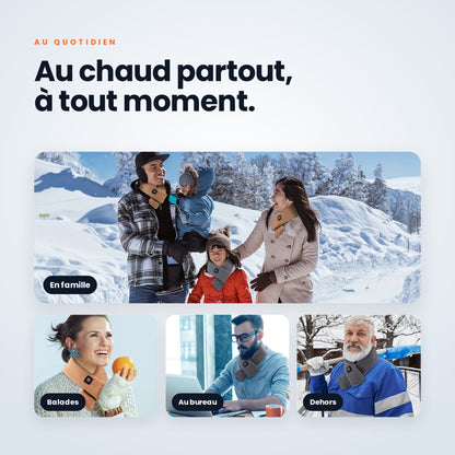 Écharpe chauffante portée en famille, en balade, au bureau et dehors