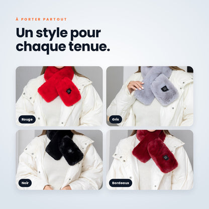 Écharpe chauffante fausse fourrure portée en rouge, gris, noir et bordeaux
