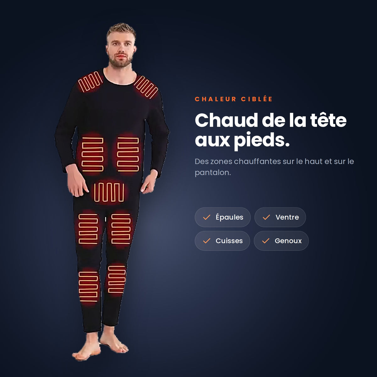 Zones chauffantes de l'ensemble : épaules, ventre, cuisses et genoux