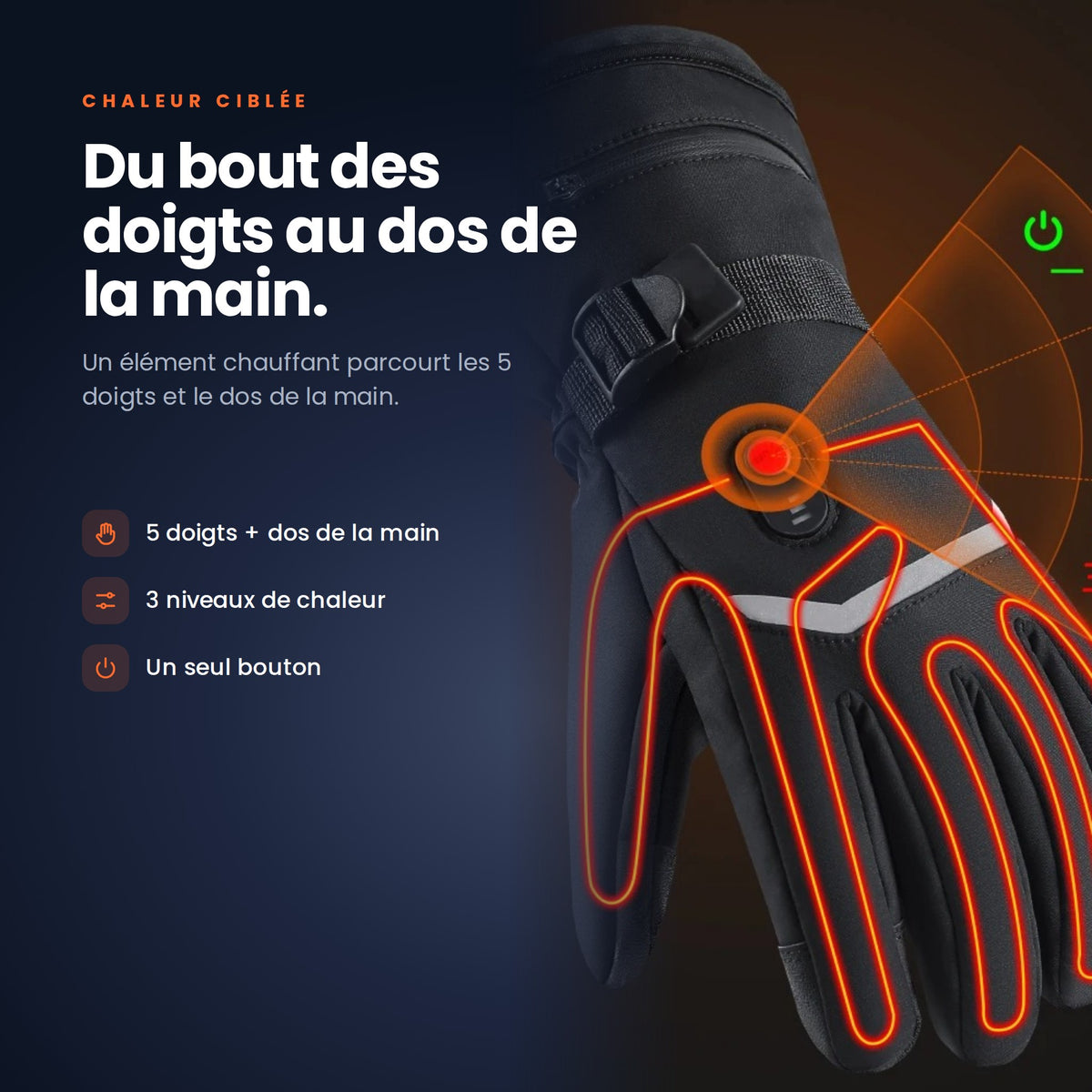 Élément chauffant sur les 5 doigts et le dos de la main