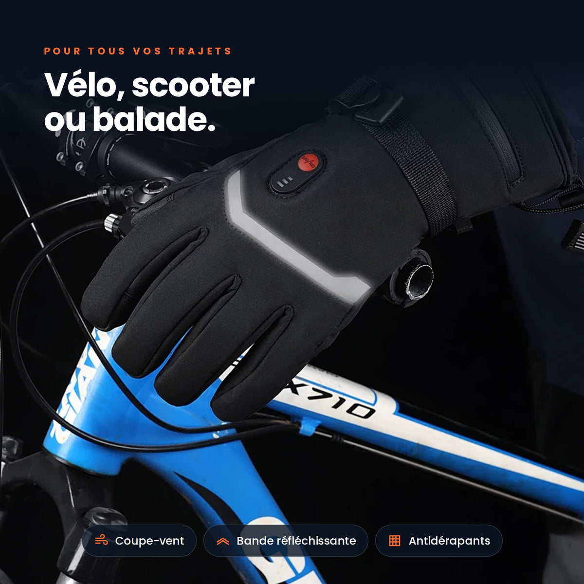 Gants chauffants à vélo, coupe-vent et réfléchissants
