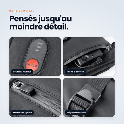 Détails : bouton, poche à batterie, zip et poignet ajustable