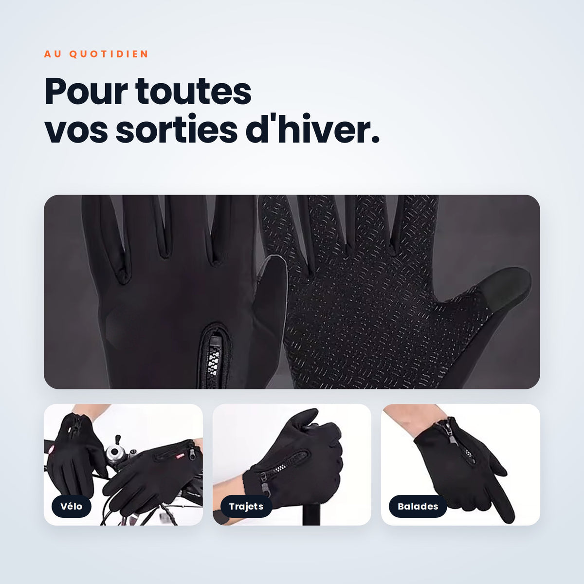 Gants thermiques portés à vélo, en trajet et en balade