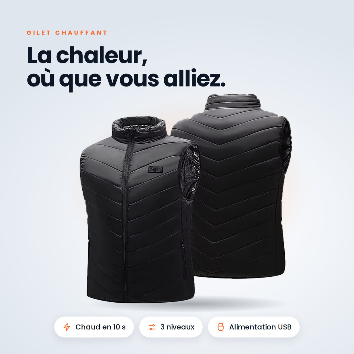 Gilet chauffant VALNOR noir sans manches, vue avant et arrière