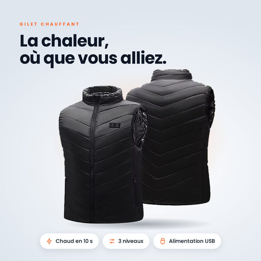 Gilet chauffant VALNOR noir sans manches, vue avant et arrière