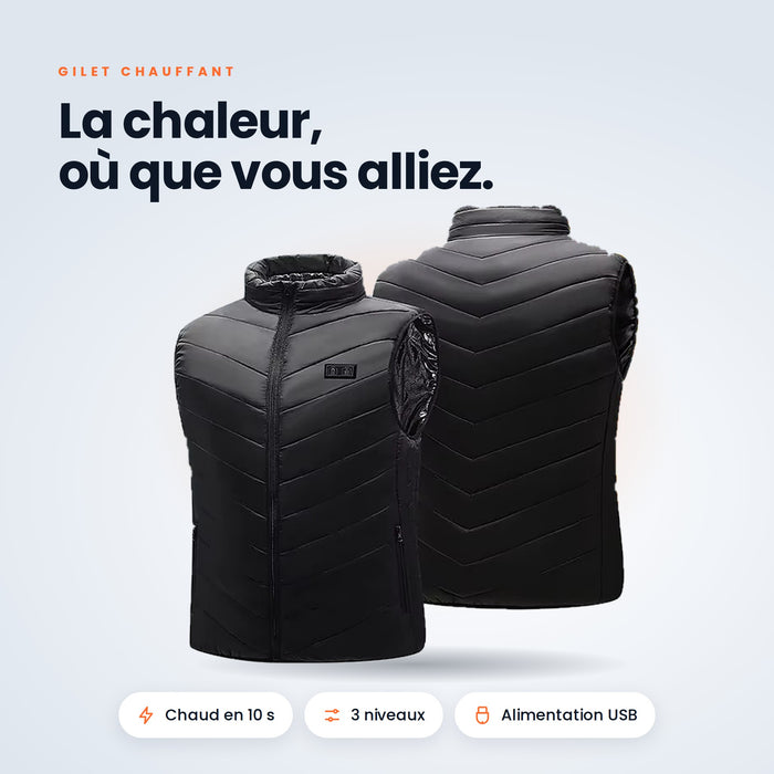 Gilet chauffant VALNOR noir sans manches, vue avant et arrière