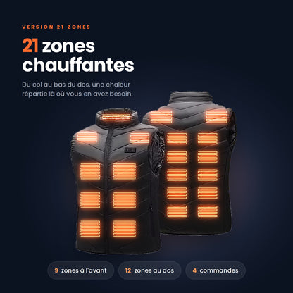Gilet chauffant 21 zones : 9 zones devant, 12 au dos, 4 commandes