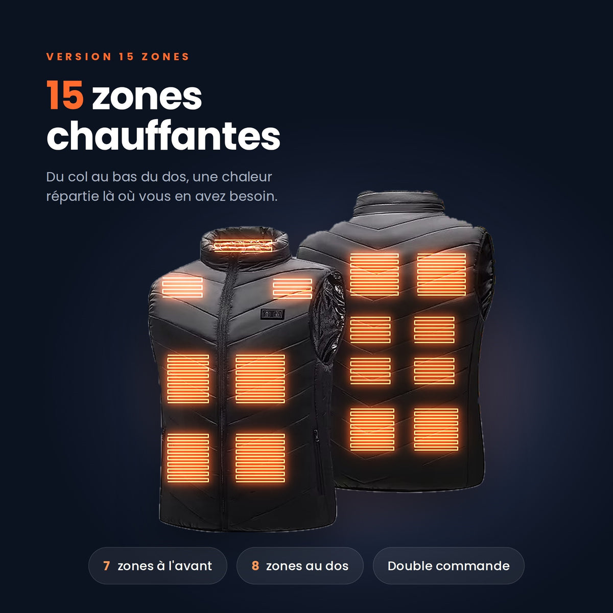 Gilet chauffant VALNOR 15 zones : 7 zones devant, 8 au dos, double commande