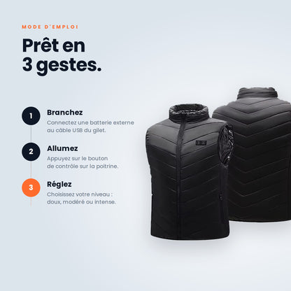 Mode d'emploi du gilet chauffant en 3 étapes : brancher, allumer, régler